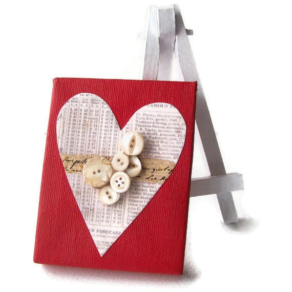 Original mixed media painting on canvas with mini easel Button Heart