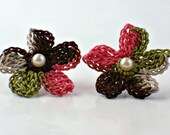 Crochet Earrings Flower Stud Earrings Hypoallergenic Chocolate Brown Salmon Olive Green Beige