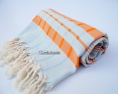 High Quality Hand Woven Turkish Cotton Bath,Beach,Pool,Spa,Yoga,Travel Towel or Sarong-Orange Stripes on Mint Checked