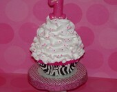 Zebra with Hot Pink Birthday Fake Cupcake for Little Girls Number One Candle for Photo Props, Party Decor, Keepsake, Room Decor