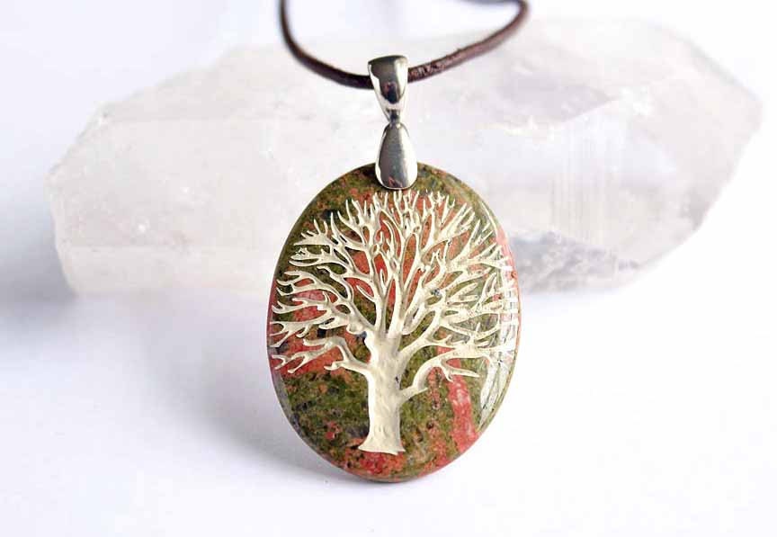 Tree of Life - Engraved Stone Pendant - Unakite