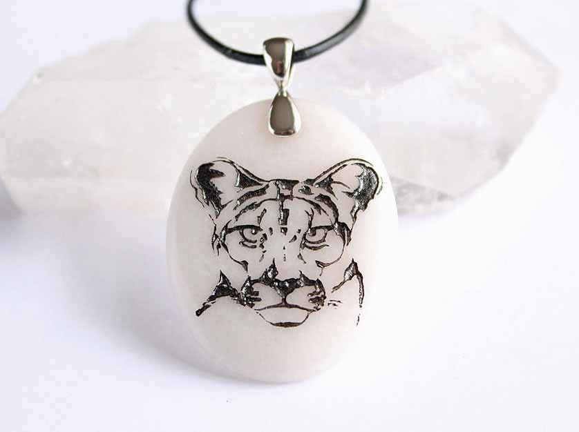Mountain Lion - Engraved Stone Pendant - White Jade Stone