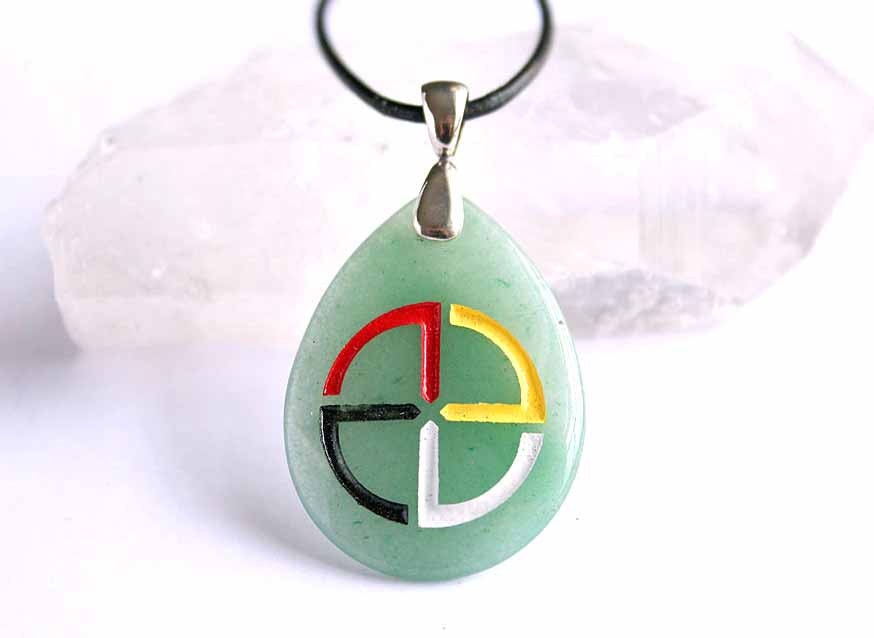 Medicine Wheel Native American Inspired - Engraved Stone Pendant - Green Aventurine Pendant