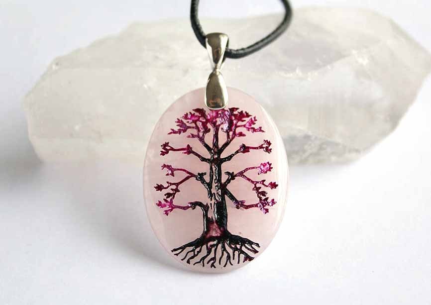 Tree of Life - Rose Quartz Engraved Stone Pendant