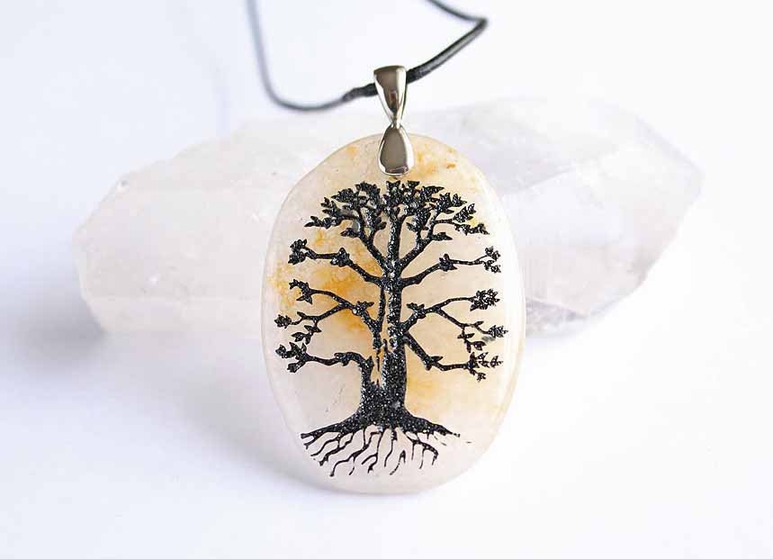 Tree of Life - Citrine Engraved Stone Pendant
