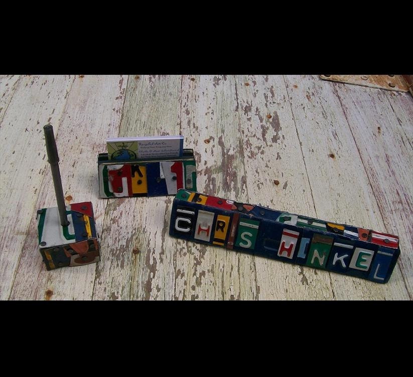 Funky office desk set plaque Word Block - Custom names Available - Recycled License Plate Sign Art - Business Card Holder