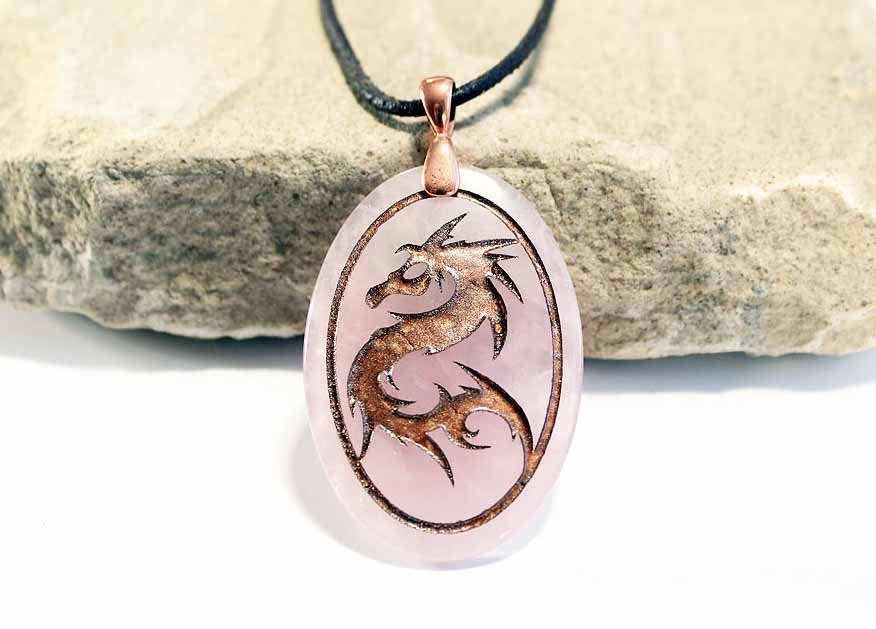Dragon - Rose Quartz Engraved Stone Pendant