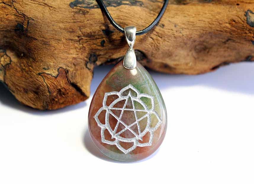 Pentagram and Lotus - Engraved Stone Pendant - Indian Agate