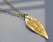 Large Natural Leaf Pendant on Long Open Link Gold Filled Chain, Electroplate Evergreen Laurel Leaf