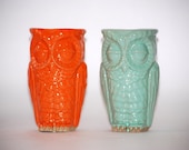 spring decor small owl vases, set of two mint and tangerine
