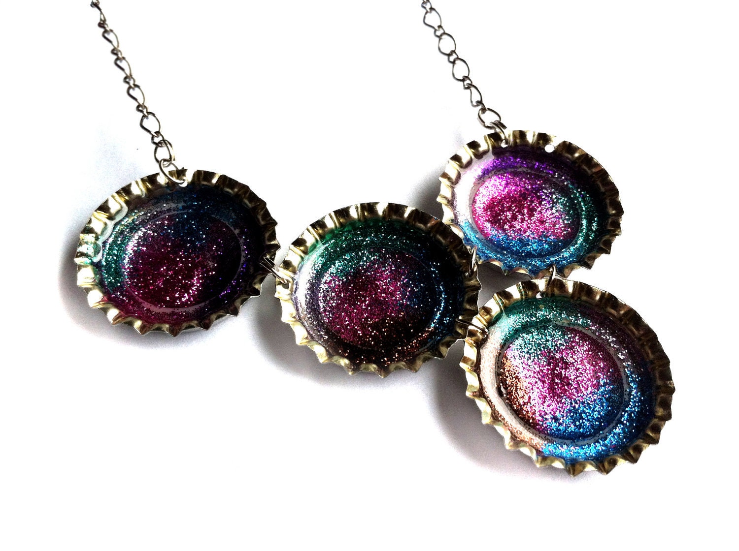 Peacock Bottle Cap Statement Necklace, Resin Glitter Jewelry by Everyday Bohemian.