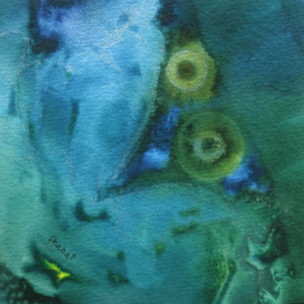 GREEN WHEELS -- 5x5 inches Squared Original Abstract Painting By Dhanat