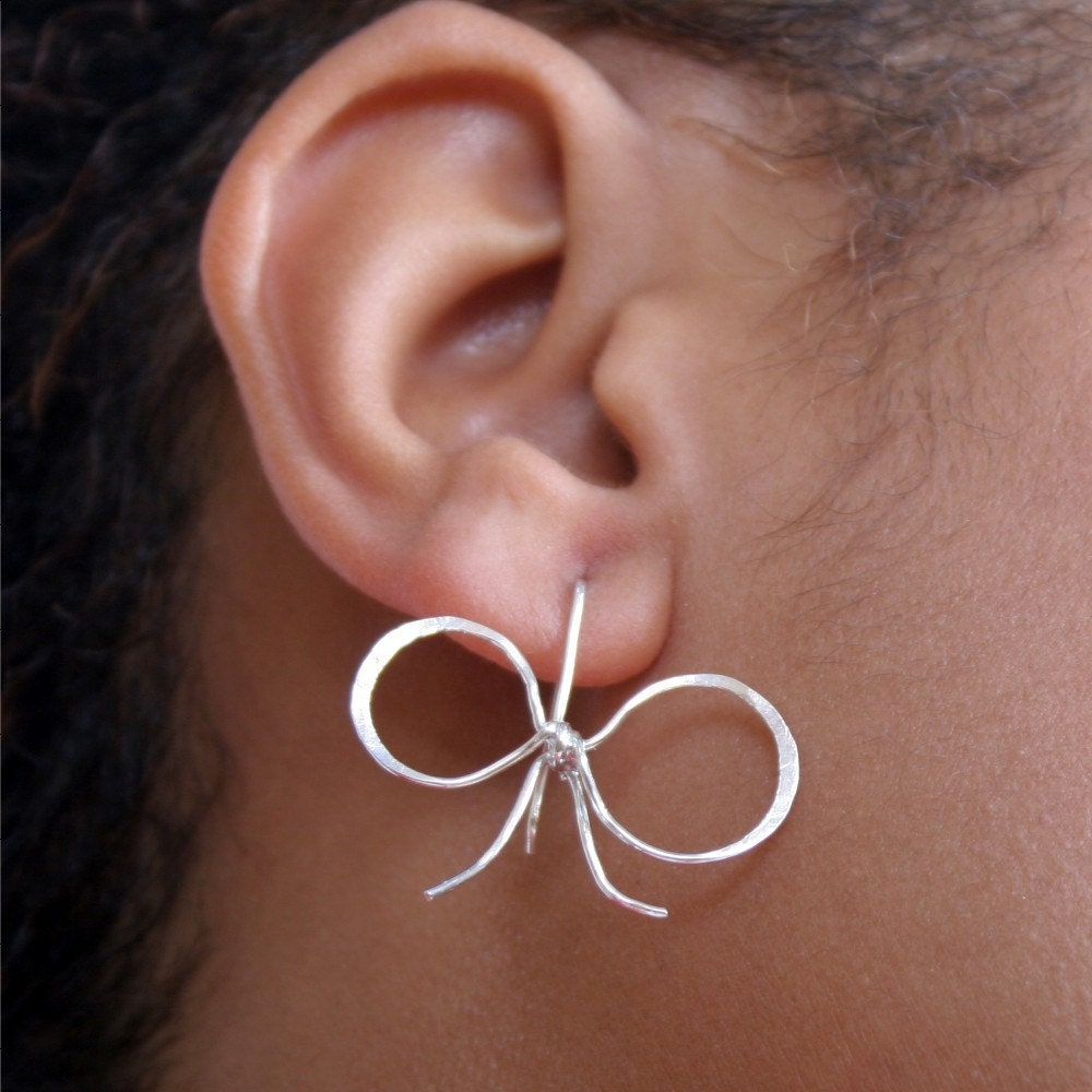 Dainty Sterling Silver Bow, Ribbon Earrings, Bridesmaid Gift