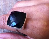 Statement jewelry, Large Faceted Black Onyx Cocktail Ring, Bezel Set in Sterling Silver