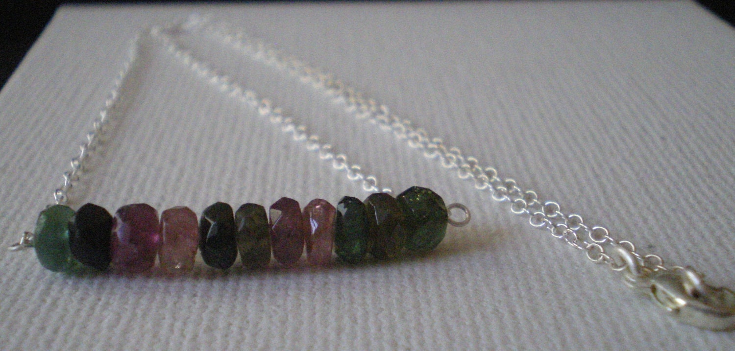 Watermelon Tourmaline Faceted Rondelle Sterling Silver Necklace, Gift Under 50, Fashion