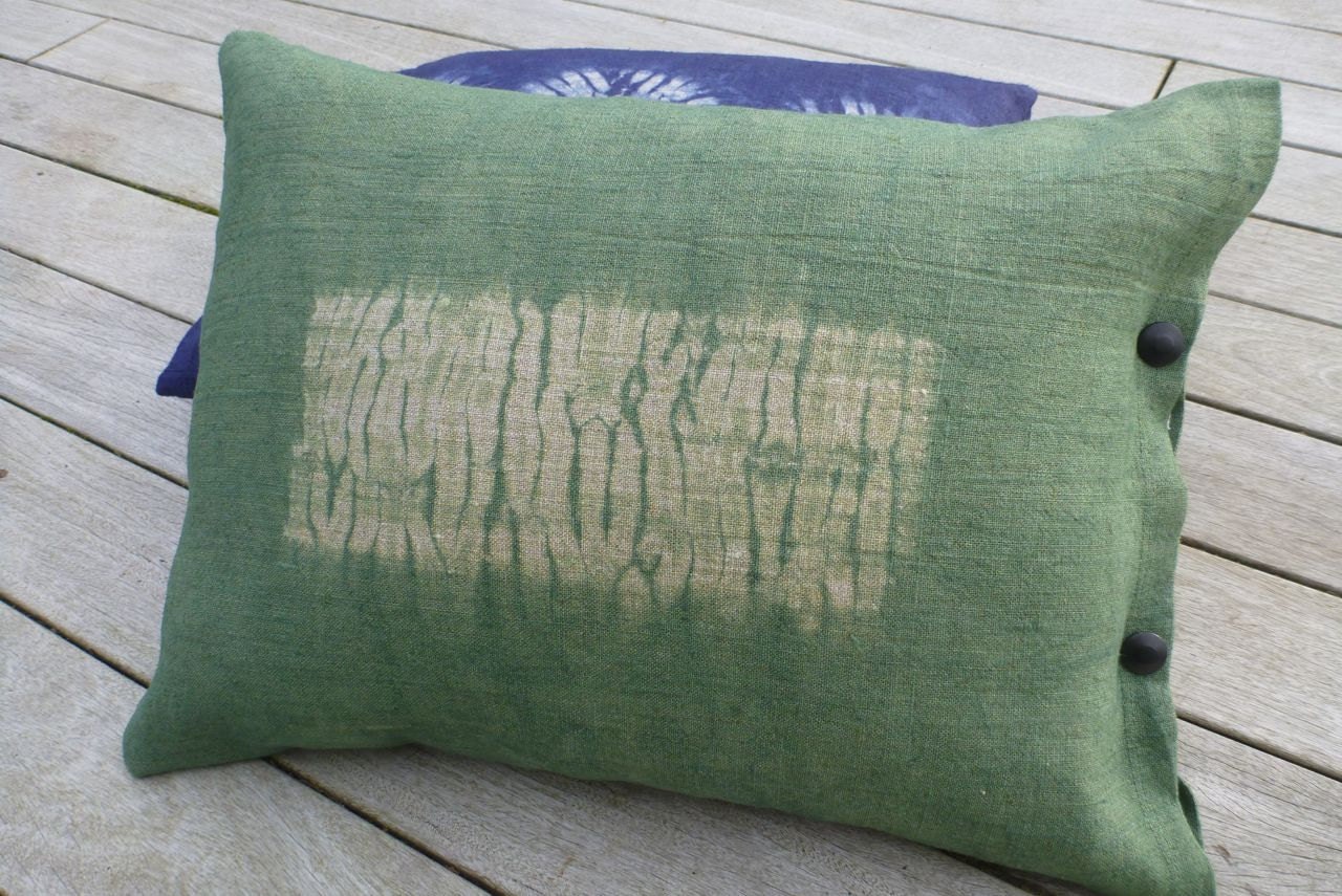 pillow cushion linen stitched wood grain shibori green (oatmeal linen dyed to stem green)