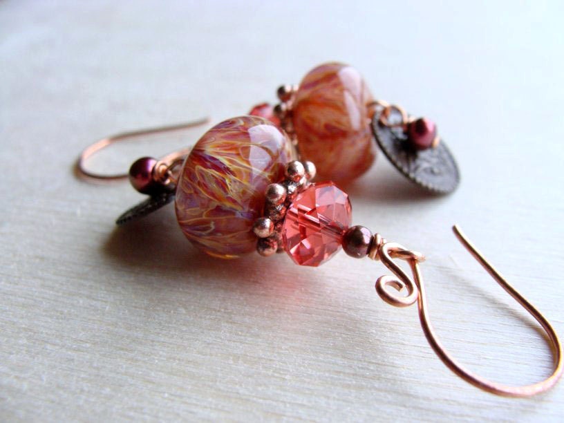 Boro Lampwork Earrings, Peach Earrings, Coral Pink Earrings, Copper Earrings, Brass Earrings