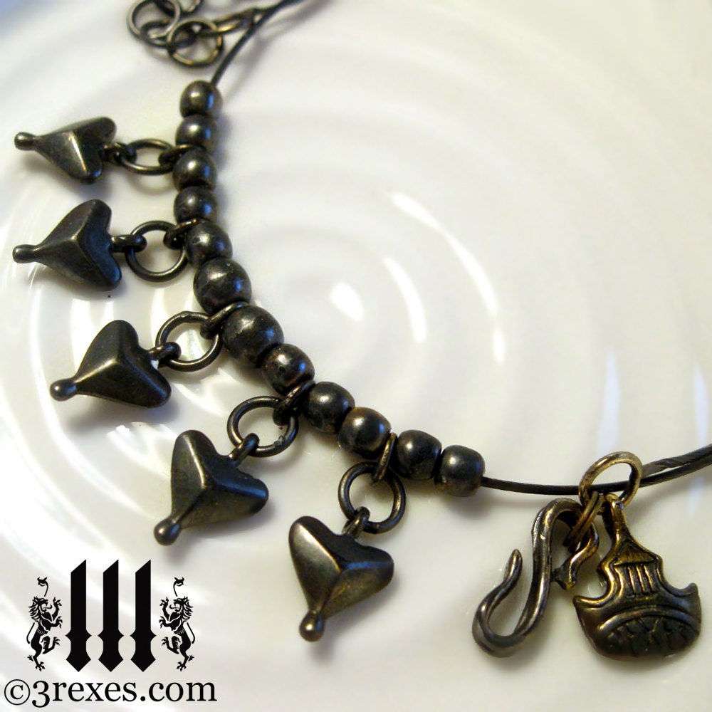 VALENTINES DAY SPECIAL 5 Black Hearts Gunmetal Choker Necklace Antiqued Silver Steam Punk