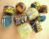 10 African Ghana Beads 5 Matching Earring Pairs Powder Glass African Beads, Blue, Green, Yellow, Painted,  Set 3