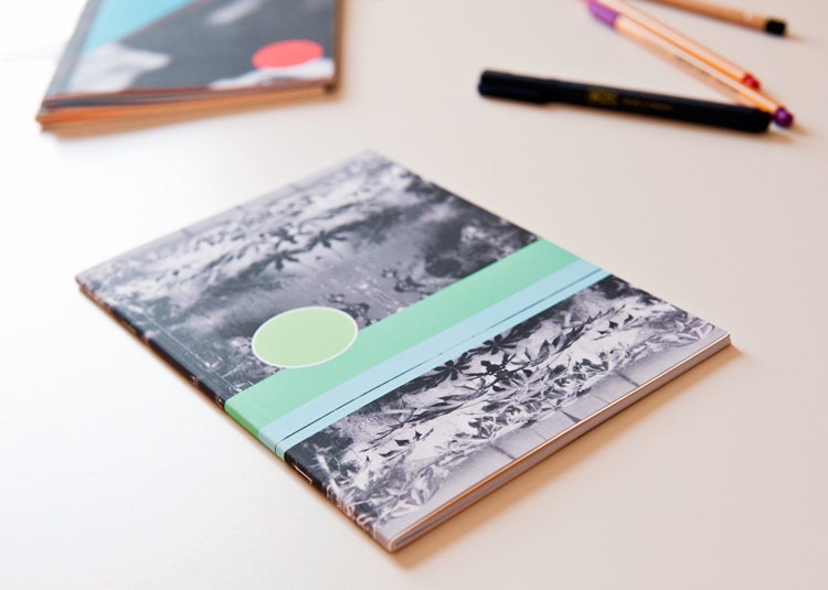 Notebook, A5 sized, green circle and geometric shapes with greenhouse photo cover, perfect bound