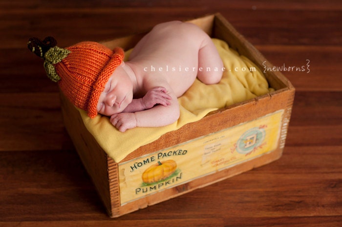Orange Pumpkin Hat for Preemie, Newborn, Infant, Toddler or Young Child Hand Knit