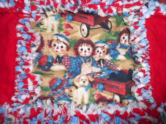 Raggedy Ann &  Andy Baby Quilt - Red and Blue Flannel Rag Quilt - by Sew Fun Quilts
