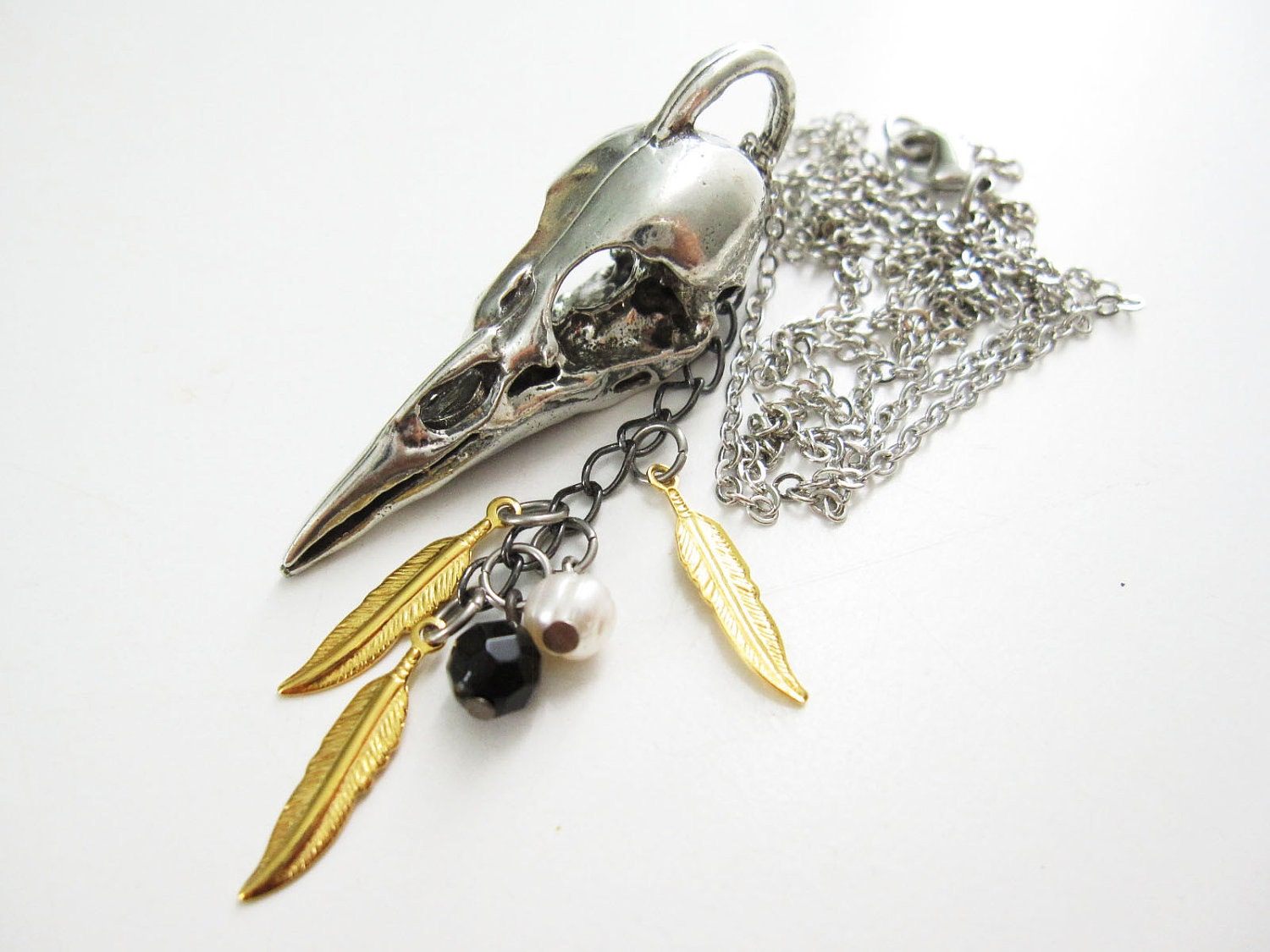 Vanitas - Bird skull, feathers and pearl necklace