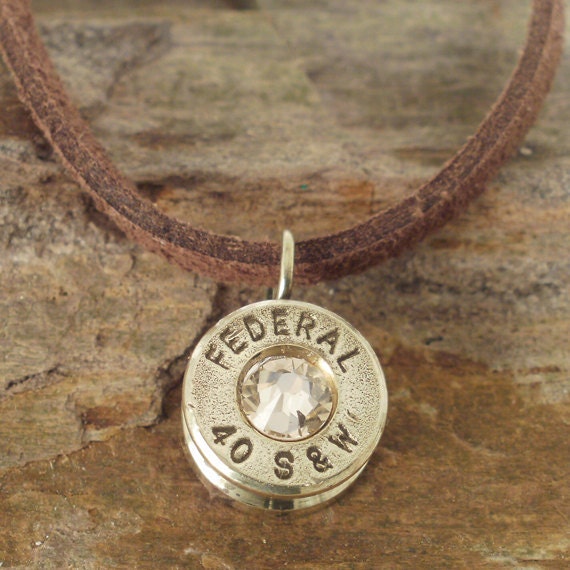 40 Caliber Bullet Casing Necklace - Champagne Crystal
