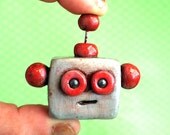 Robot Face Brooch - Rustic Red Silver MADE TO ORDER Geek Jewelry Gift - Clay, Wire, Paint