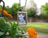 Silver Soldered Glass Pendant with Real Forget Me Not Flowers