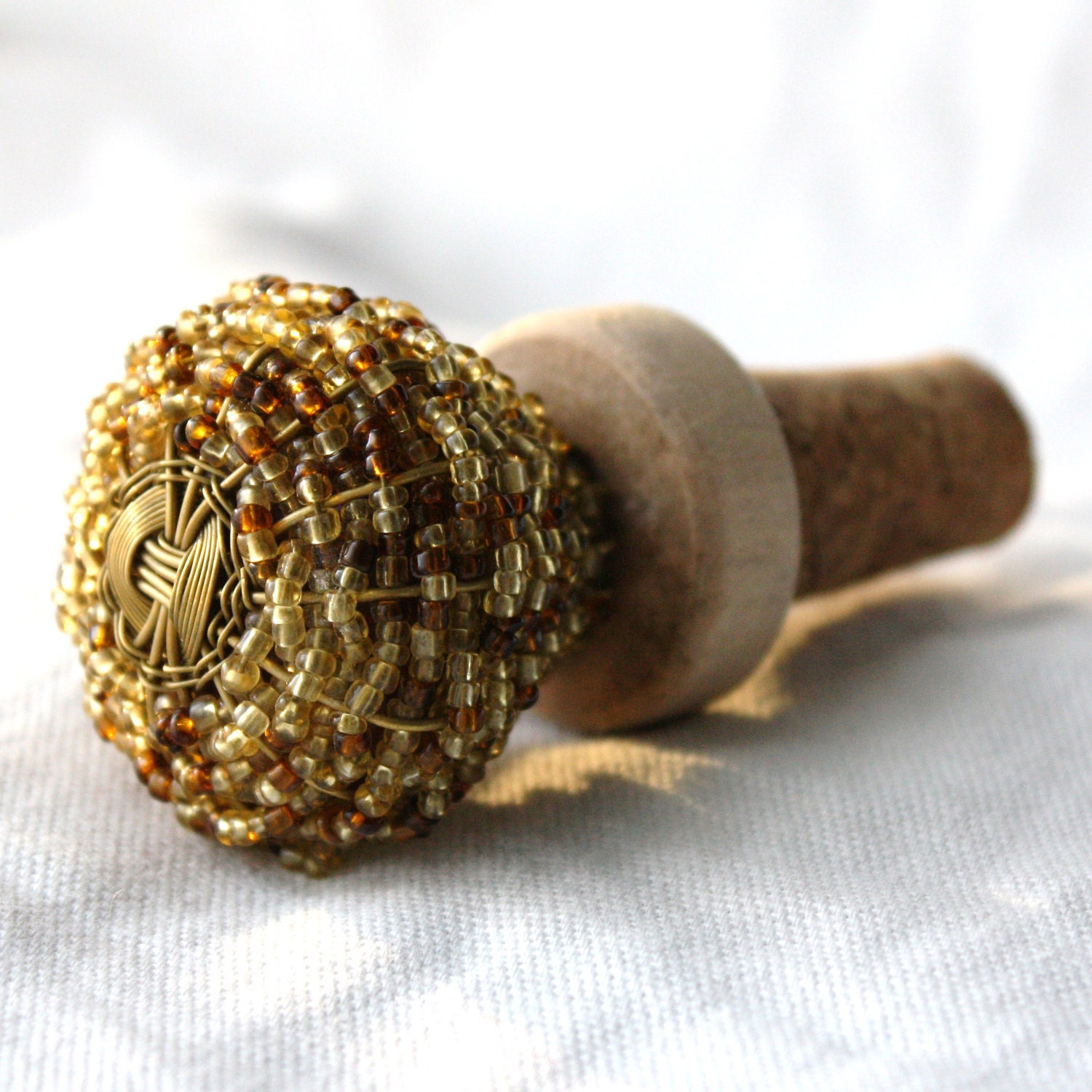 Wine Stopper- Brown and gold beaded glass doorknob / drawer pull and new cork