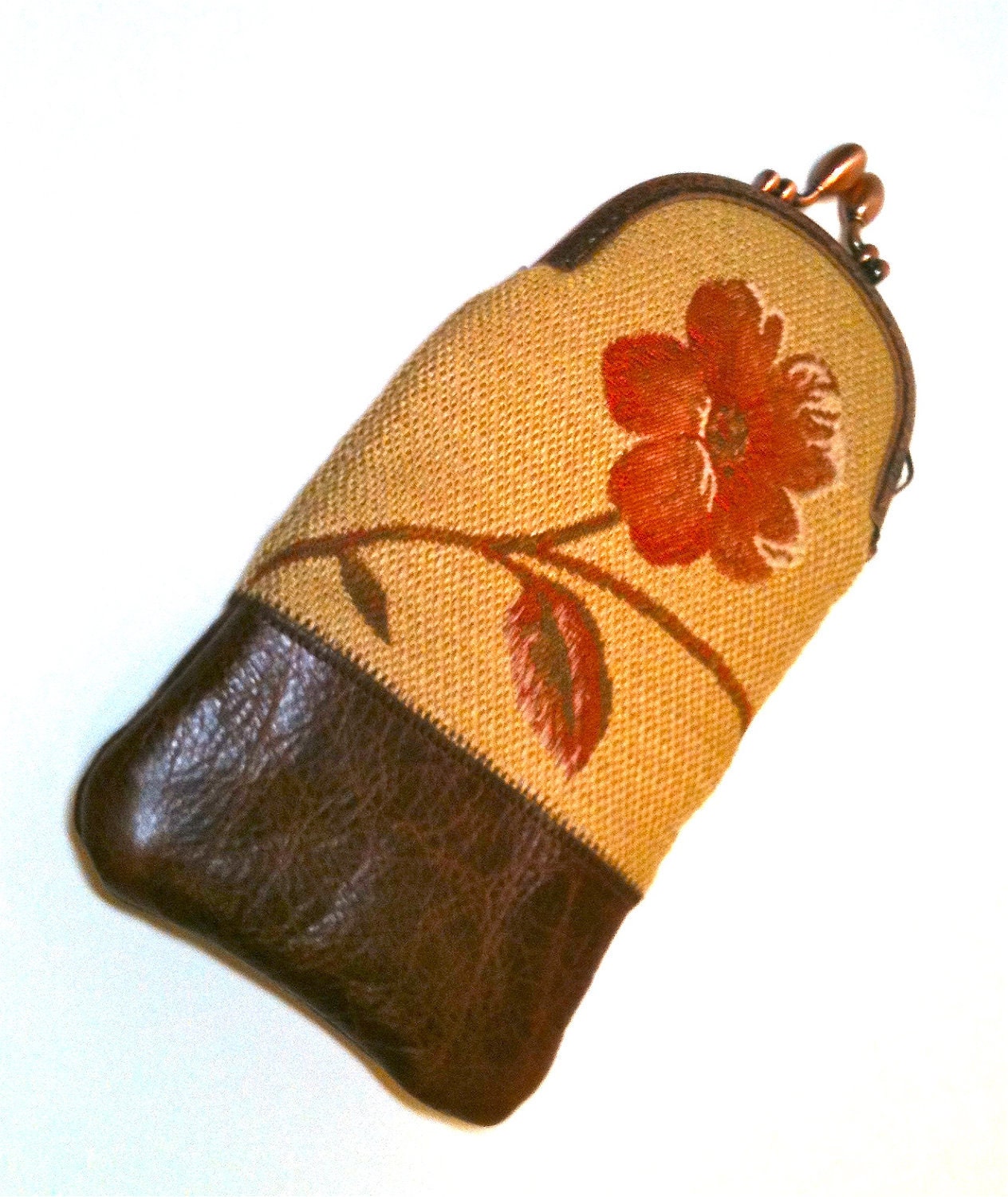 Eyeglass Case in Brown Leather with Rust Flower