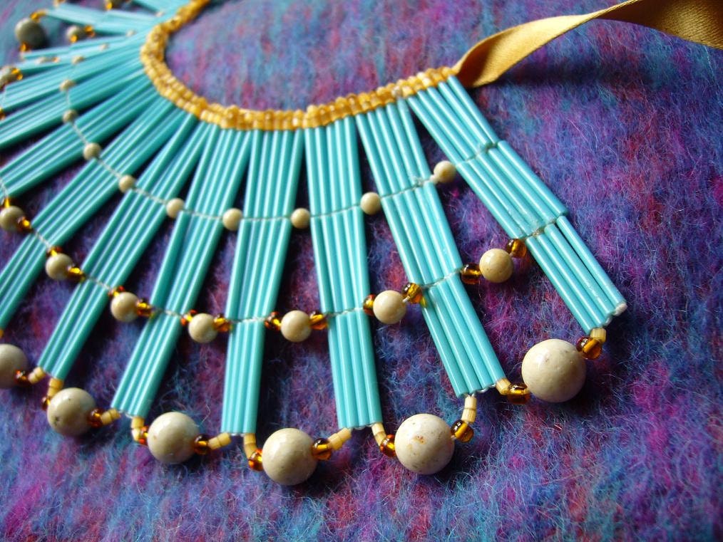 Exquisite Vintage Turquoise Bugle Bead Egyptian Cleopatra Collar Necklace
