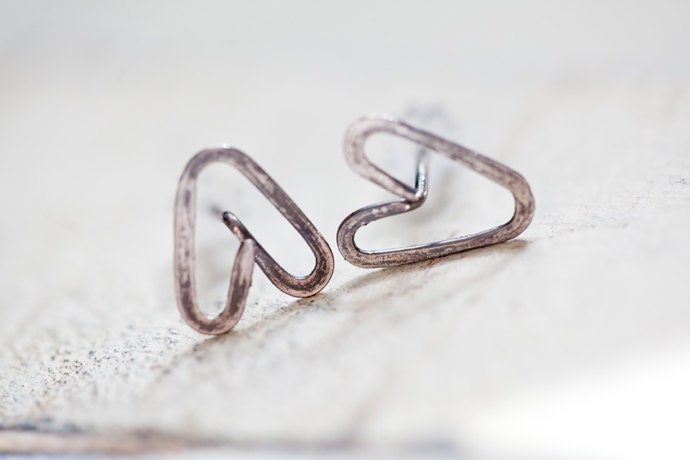 Sterling Silver Heart Post Earrings oxidized handmade hammered valentines sweetheart