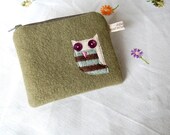 Olive green eco owl coin purse with button eyes