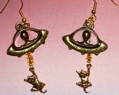 Alien Abduction of Cat Earrings, Silver Saucers