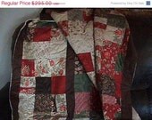 20% Off Quilt ,Scappy Patchwork, Tan, Brown, Red, Green, Minky Backing, Professionally Quilted