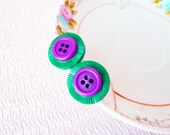 Post Earrings Made With Vintage Buttons in Purple Green, Purple Pie Man. CLEARANCE SALE