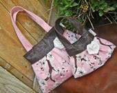 Mommy and Me Pink and Brown Hand Painted Pleated Handbags with Faux Leather trim