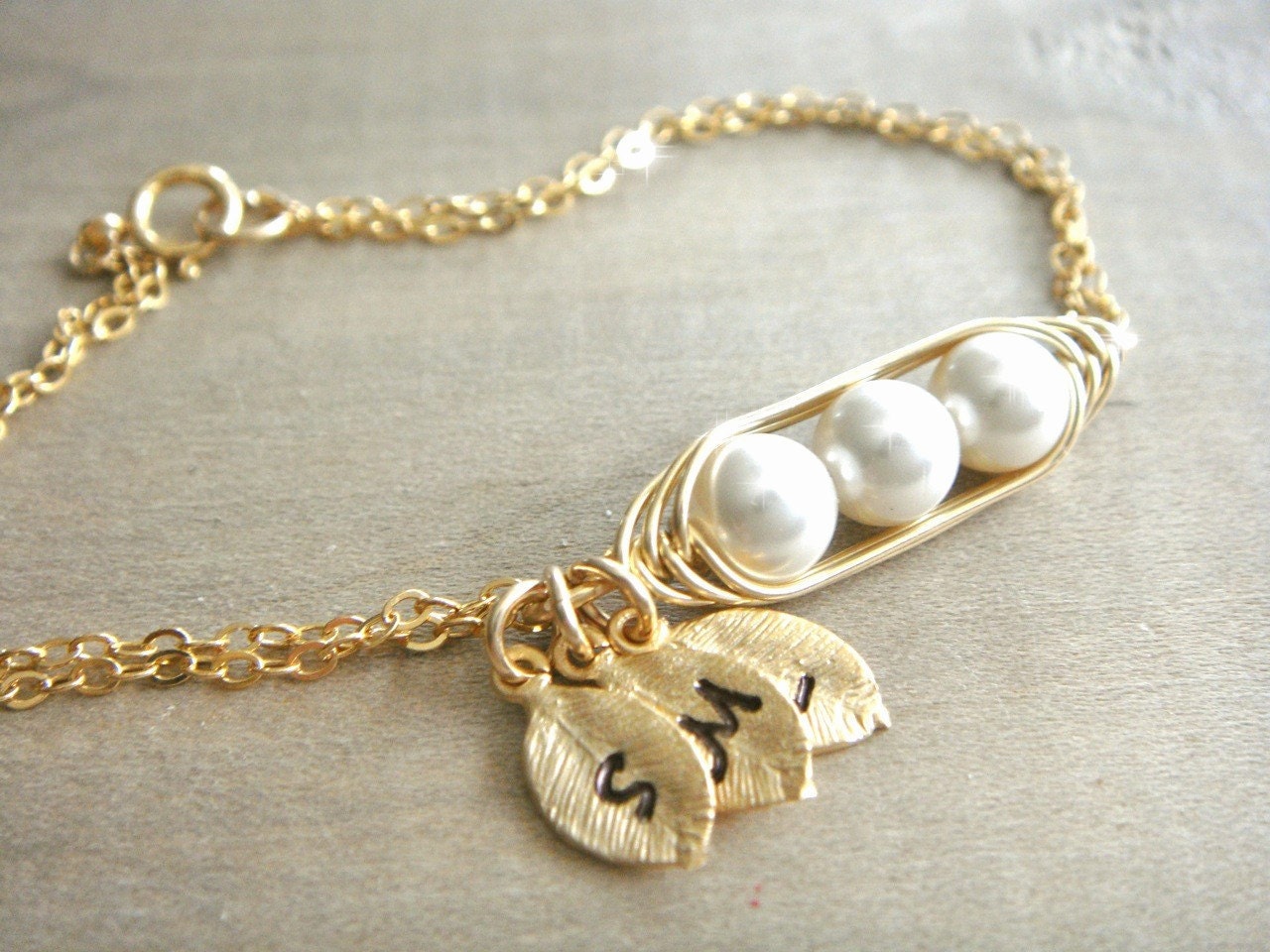 Mini / Tiny Personalized 3 Peas in a Pod Bracelet wrapped in Gold Filled Wire - Choose your INITIAL and PEARL COLOR - Mother's Day