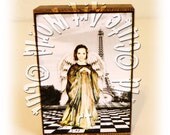 ATC ACEO Wooden Block Shelf Sitter Wall Hanging Handmade Decoration Paris France Angel Girl Collage Mixed Media Art
