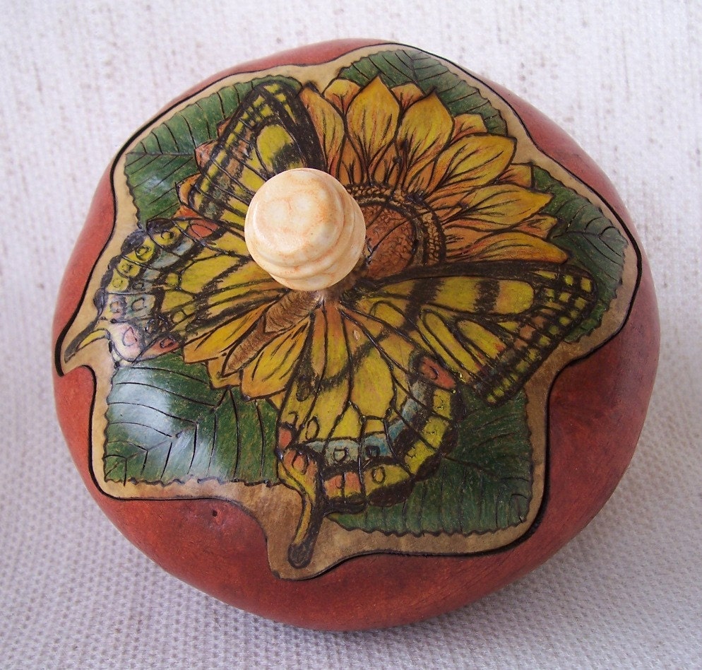 Medium gourd box wood burn and colored pencil butterfly and flower lid ceramic bead
