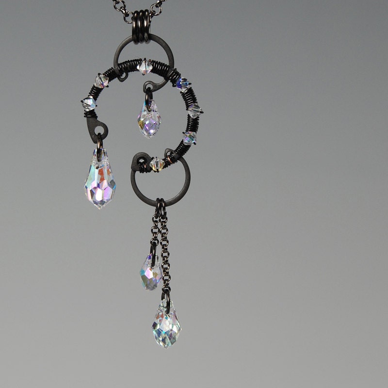 Hyrrokkin v2: Elegant industrial wire wrapped necklace with crystal ab Swarovski crystals
