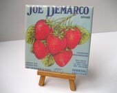 Decorative Ceramic Tile Kitchen Wall Art - Drink Coaster - Vintage Fruit Label Ceramic Trivet  - Louisiana Strawberry Drink Coaster