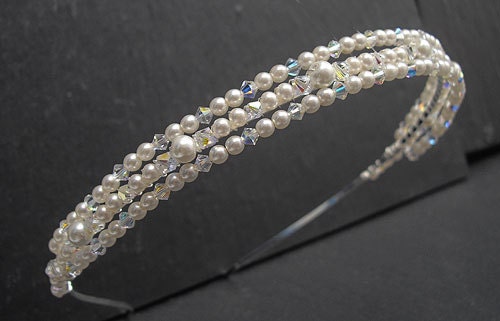 Triple Wedding Headband, Bridal Headbands - Swarovski Crystal and Ivory Pearls, Wedding Hair Accessories