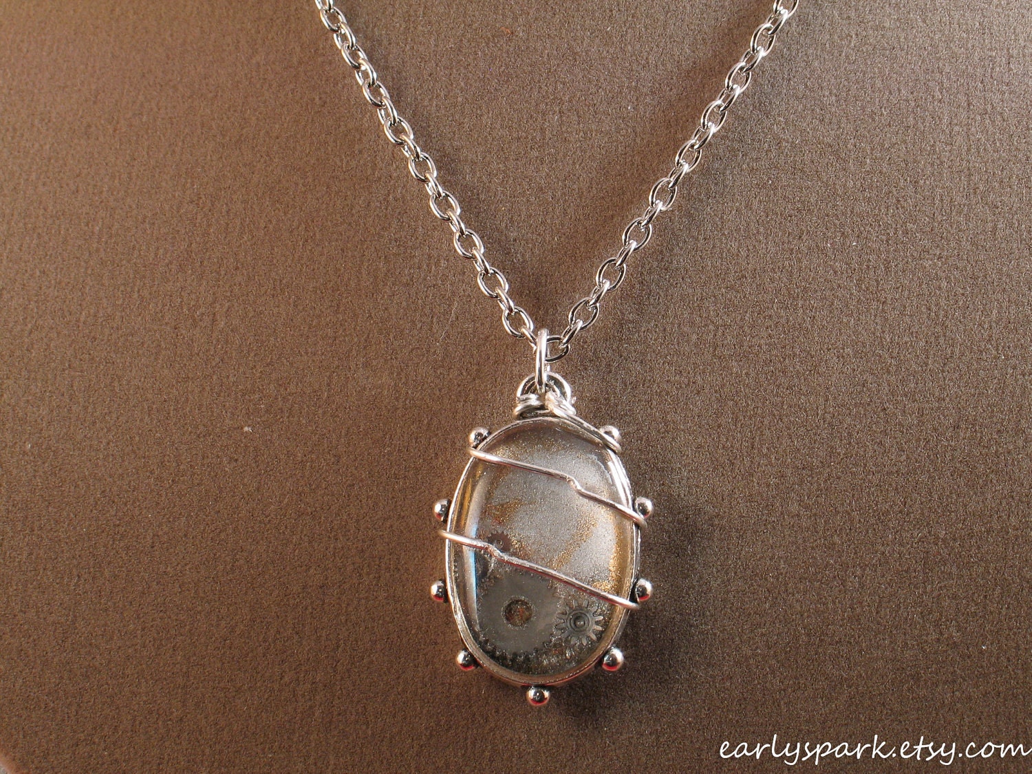 Steampunk Necklace, Wire Wrapped Cabochon, Golden and Silvery Coppertronic Pendant