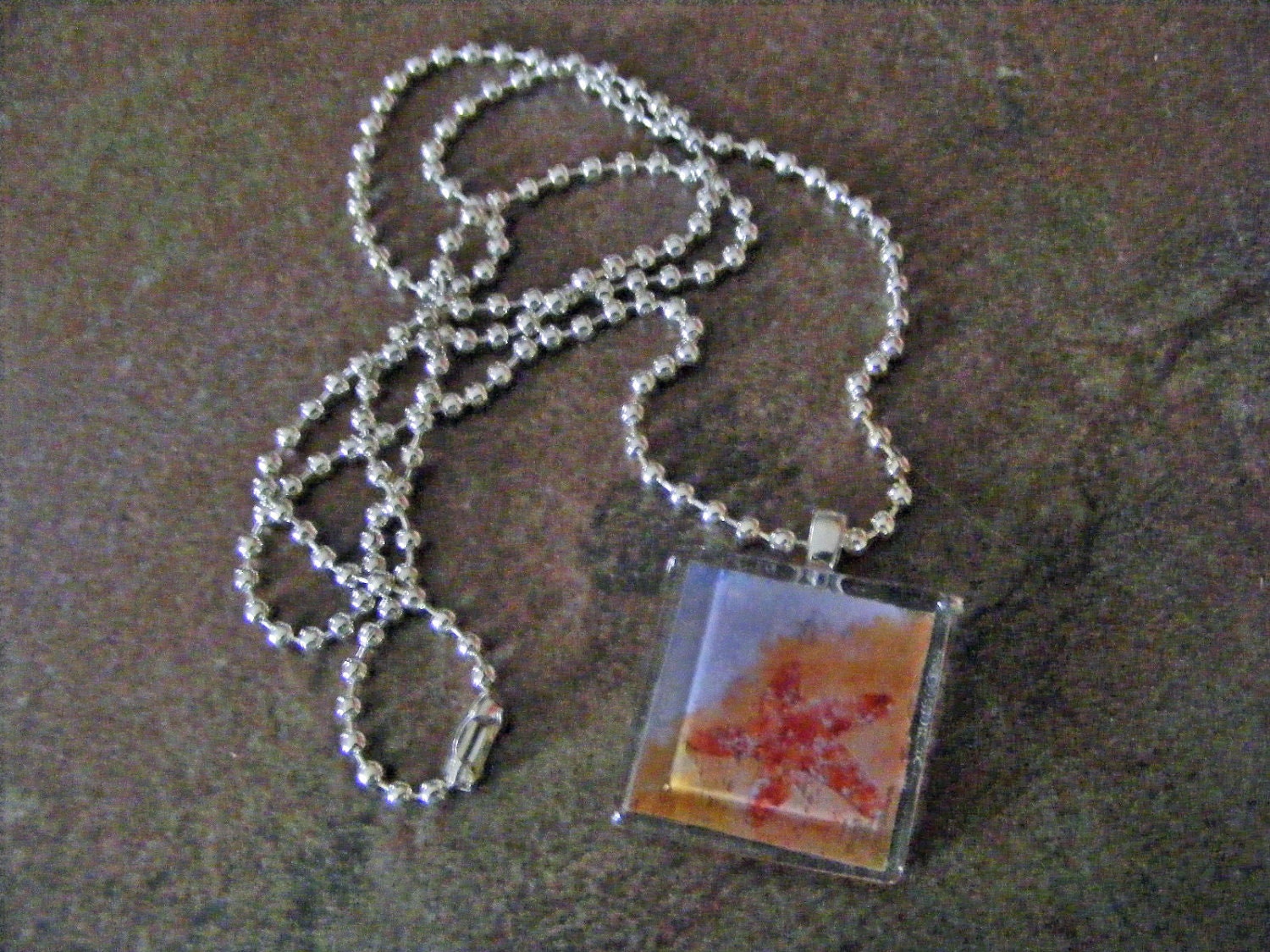 Glass Tile Pendant with Print of Original Watercolor-Starfish on the Beach