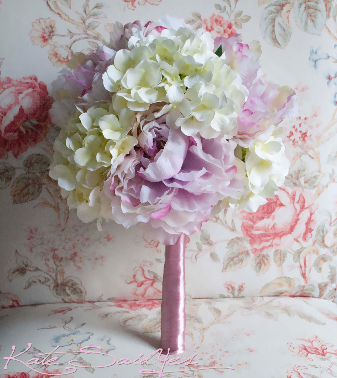 Silk Wedding Bouquet - Pink Peony and Creamy Hydrangea Bridal Bouquet