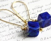 Cobalt Blue Lampwork Glass Cube Earrings. Modern Minimalist. Gold Plated Ear Wire. Long Dangle. TAGT TEAM