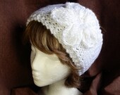 Hand Knit White Tapered Ladies Headband with Flower